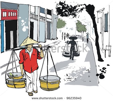 Of Asian Man Carrying Food Baskets Hanoi Vietnam   Stock Vector