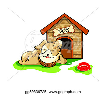 Vector Clipart   Happy Dog Dreaming Near His Wood House Isolated