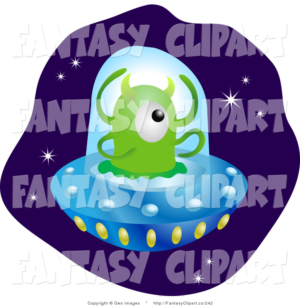 Clip Art Of A Single Green Alien With Horns And Four Arms Flying Ufo