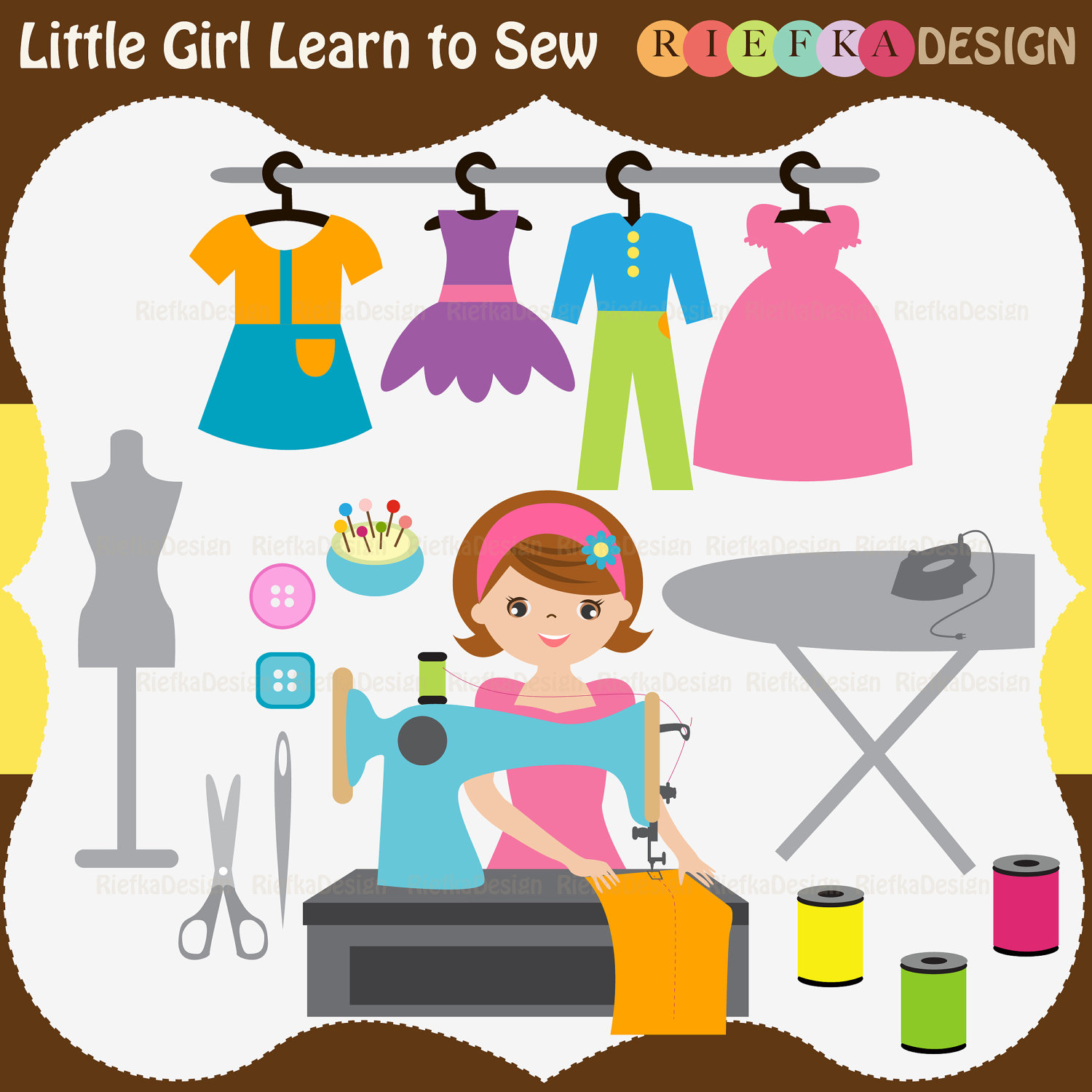 Little Girl Learn To Sew Clipart Set By Riefka On Etsy