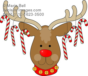 Christmas Reindeer With Candy Cane Ornaments Hanging From Its