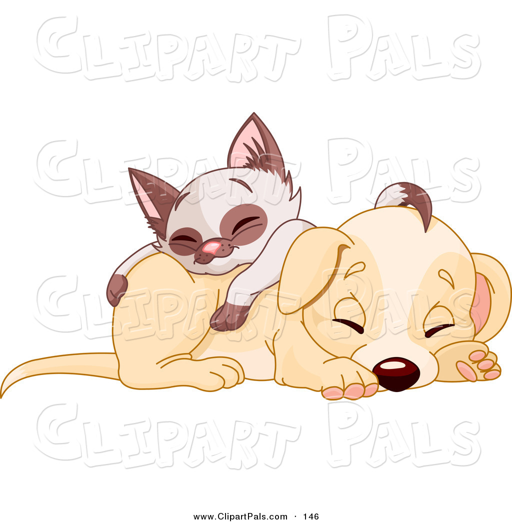 Clipart Of A Cute Siamese Kitten Napping On Top Of A Cute Puppy Dog By