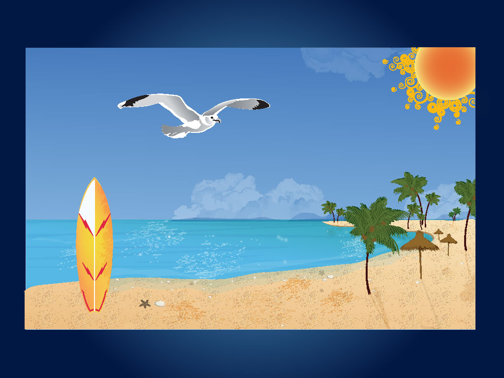 This Cool Beach Scene Features A Stylish Sun Looking Down On A