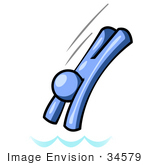 34579 Clip Art Graphic Of A Blue Guy Character Diving In A Pool