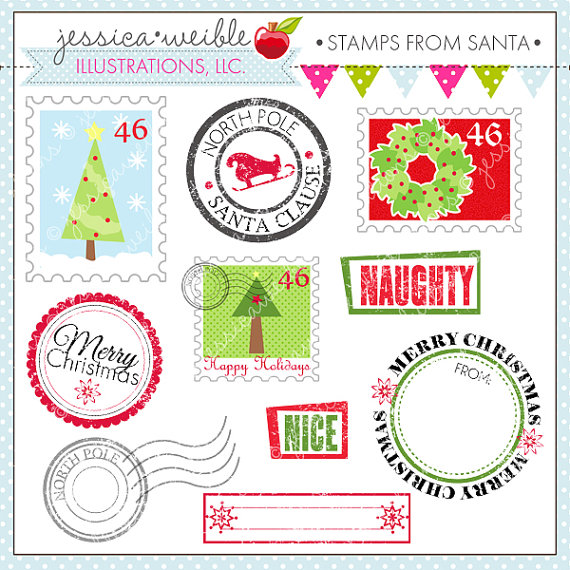 Santa Cute Digital Clipart   Commercial Use Ok  Postage Stamp Clipart