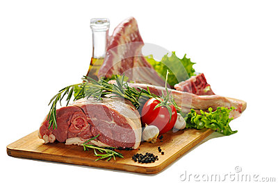 Raw Lamb Meat With Vegetables Isolated On White Background