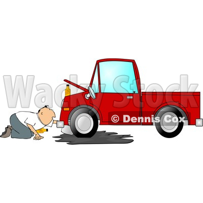 Clipart 4285 Man Trying To Give A Red Truck An Oil Change Clipart