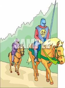 Knight And Companion On Horseback   Royalty Free Clipart Picture