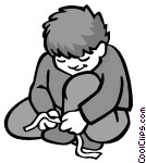 Boy Tying Shoe Laces Vector Greyscale Conversion