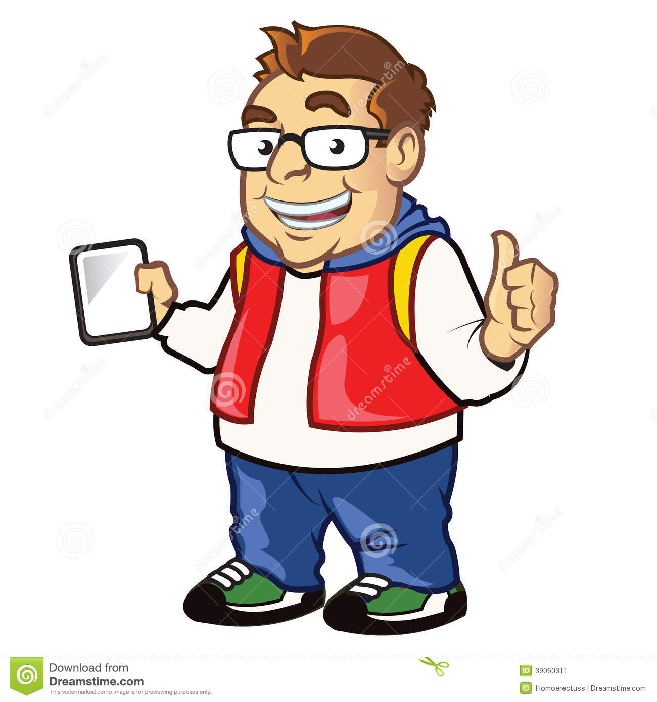 Illustration Of Funny Chubby Nerdy Boy Holding Computer Tablet Mascot