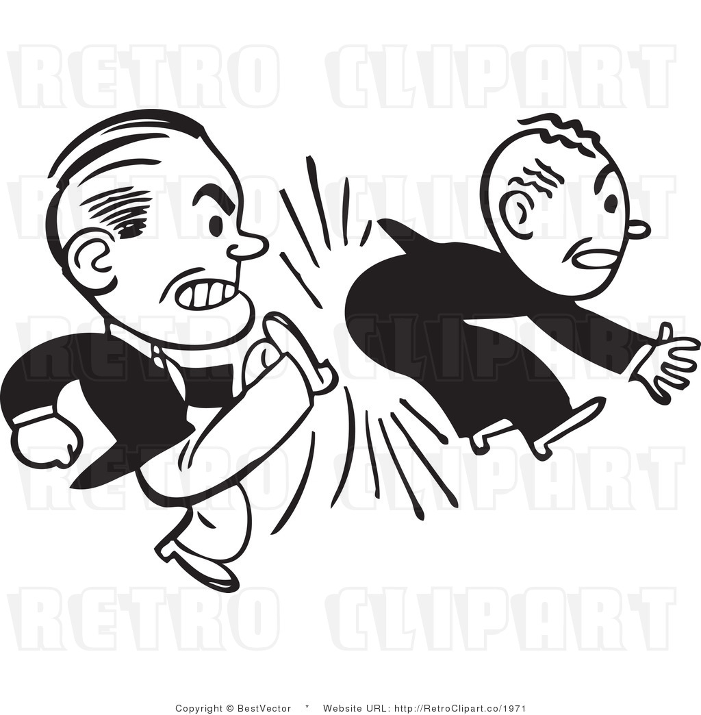 Black And White Retro Vector Clip Art Of A Man Kicking An Employee