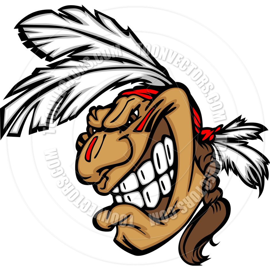 Grinning Indian Brave Mascot Head Vector Cartoon By Chromaco   Toon