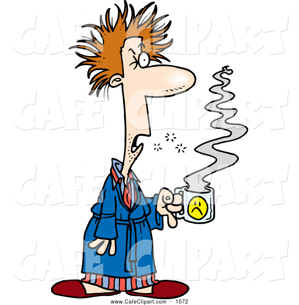 Clip Art Of A Tired Cartoon Tired Man With Bad Hair Holding Coffee