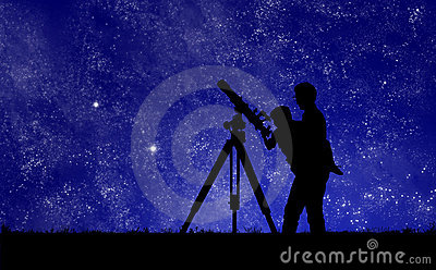 Man Showing His Child The Midnight Stars Through A Telescope