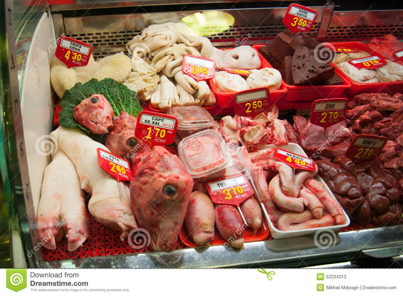 Stand With Meat Offal In Meat Market
