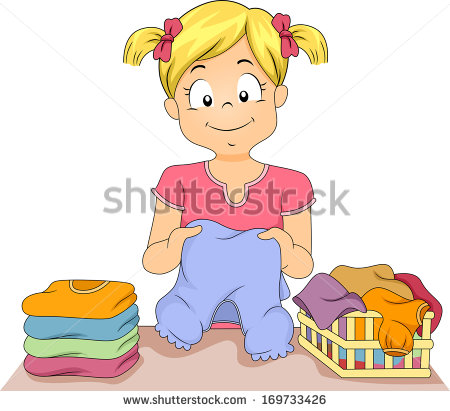 Illustration Of A Little Girl Folding A Stack Of Clothes   Stock