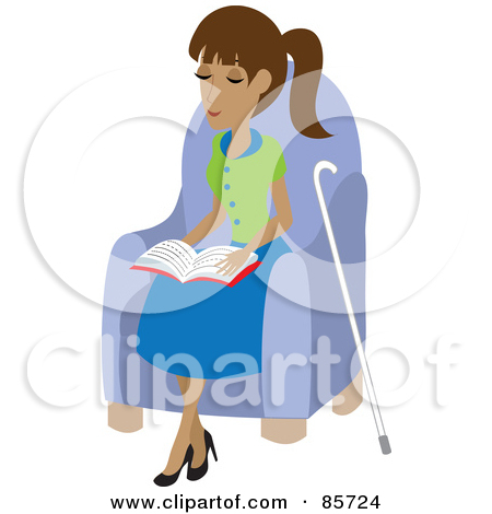 Blind Hispanic Woman Sitting In A Chair And Reading Braille Her Cane