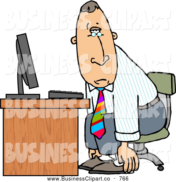 Clip Art Of A Exhausted Tired Businessman Sitting At A Computer Desk