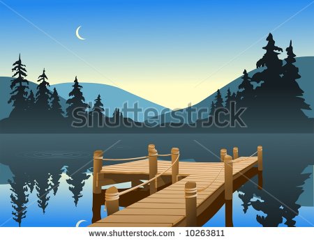 An Outdoor Scene Of A Fishing Dock On A Quiet Lake  The Moon Can Be