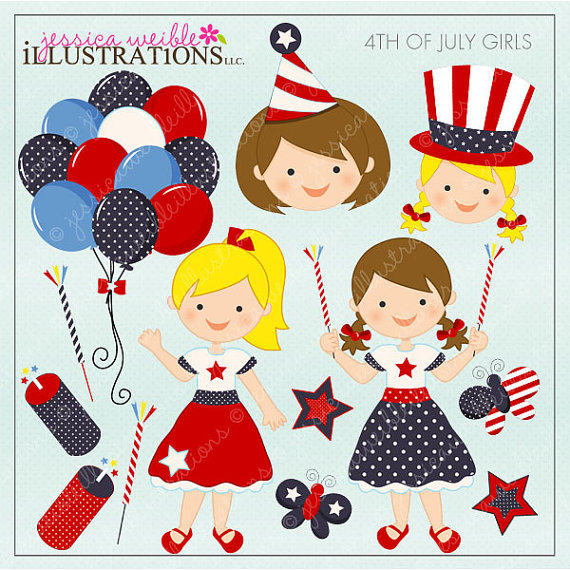 4th Of July Girls Cute Digital Clipart For Invitations Card Design