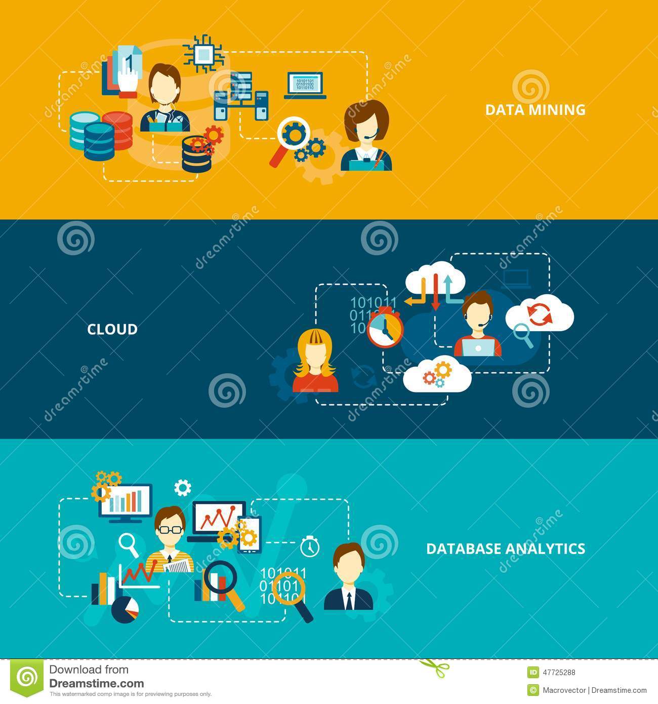 Banner Flat Set With Data Mining Cloud Isolated Vector Illustration