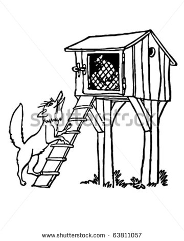 Fox At The Chicken Coop   Retro Clipart Illustration   Stock Vector