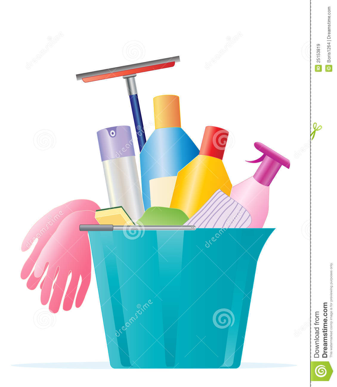 Cleaning Products Rubber Gloves Polish And Window Cleaner On A White