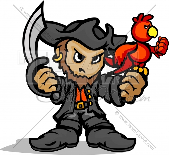 Pirate Mascot Standing With Sword Parrot And Hat Cartoon Vector