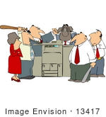 13417 Angry Group Of Employees Beating Up A Printer Clipart
