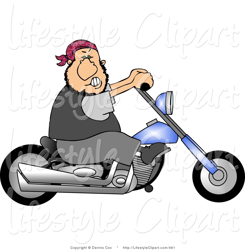 Lifestyle Clipart Of A Tough Biker Riding A Chopper Motorcycle By