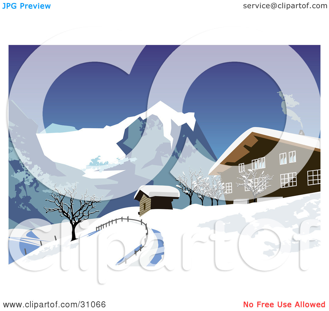Clipart Illustration Of Smoke Rising From A Chalet In The Snowy Swiss