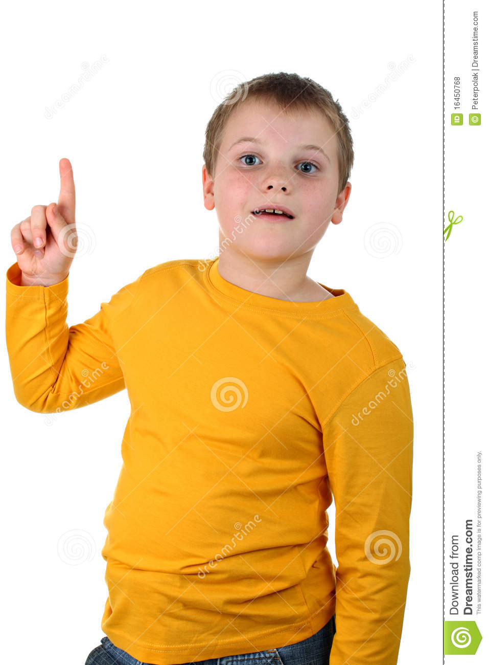 Portraits Of A Preteen Boy Wearing Yellow Top Both His Index Finger