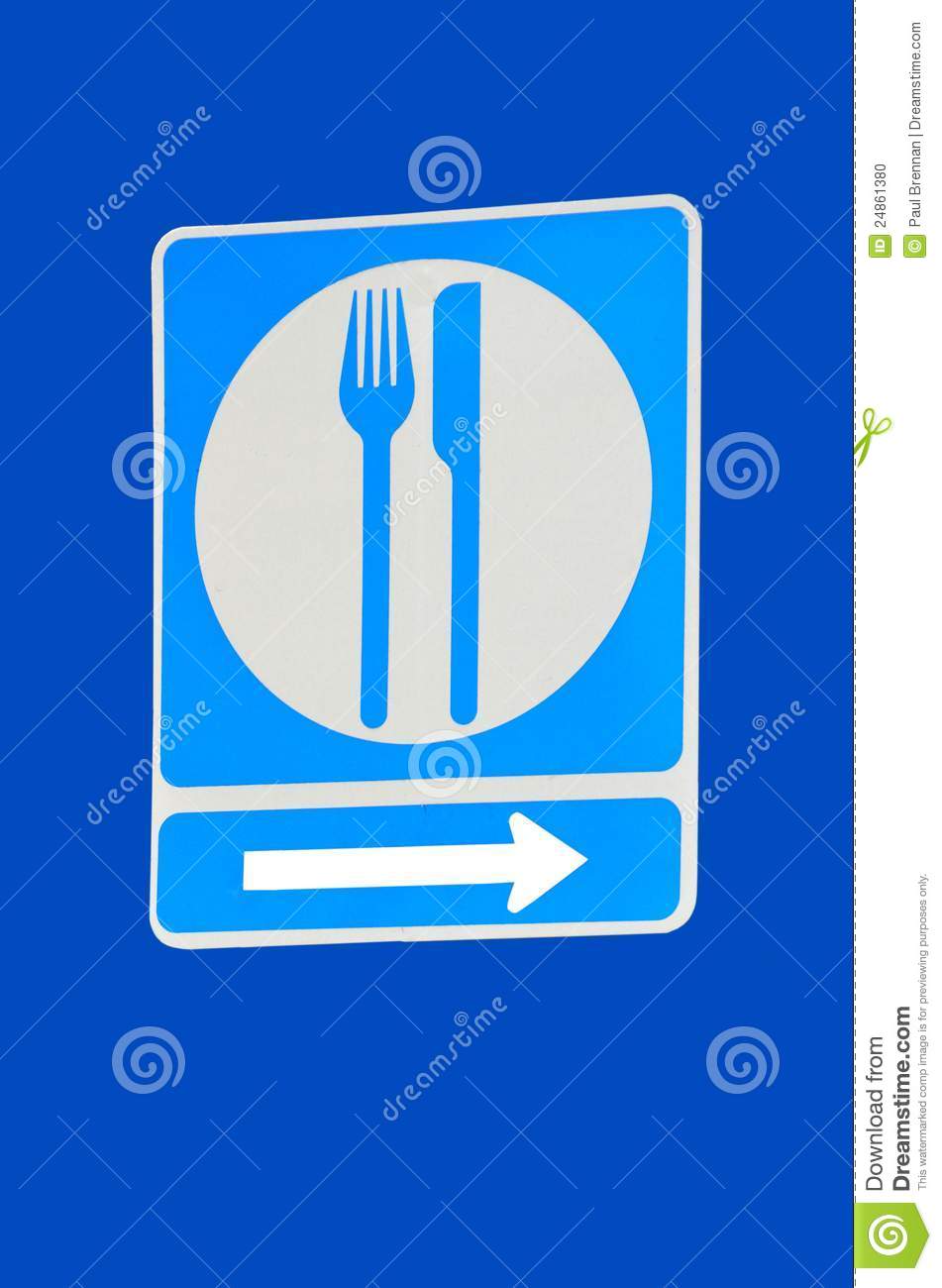 Restaurant Road Sign With Directional Arrow Blue Background