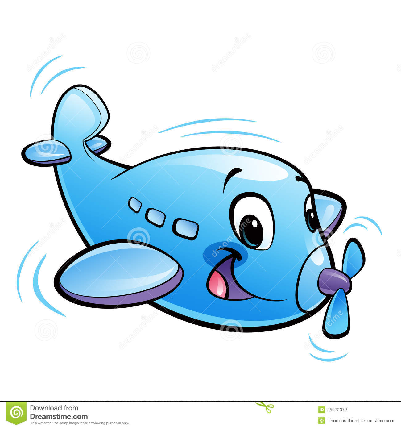 Baby Cute Cartoon Blue Airplane Character With Propeller Flying Stock