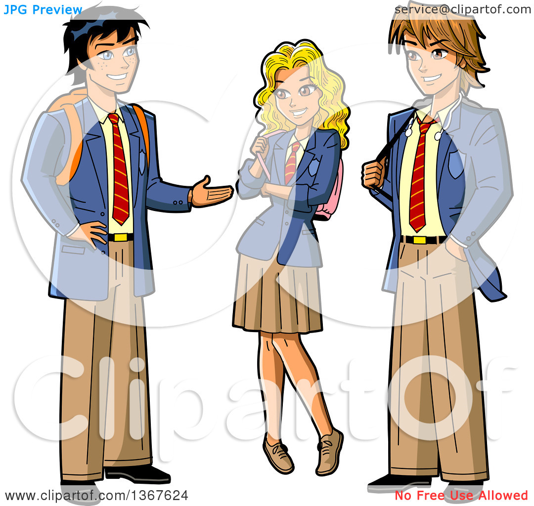 Clipart Of A Group Of Three Anime Stymed Teenage High School Studens