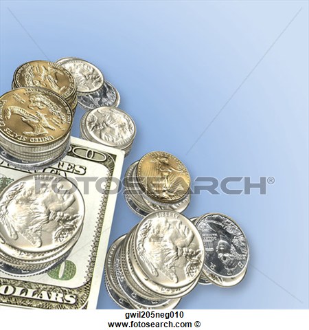 Hundred Dollar Bills And Stacked Coins  Fotosearch   Search Clipart
