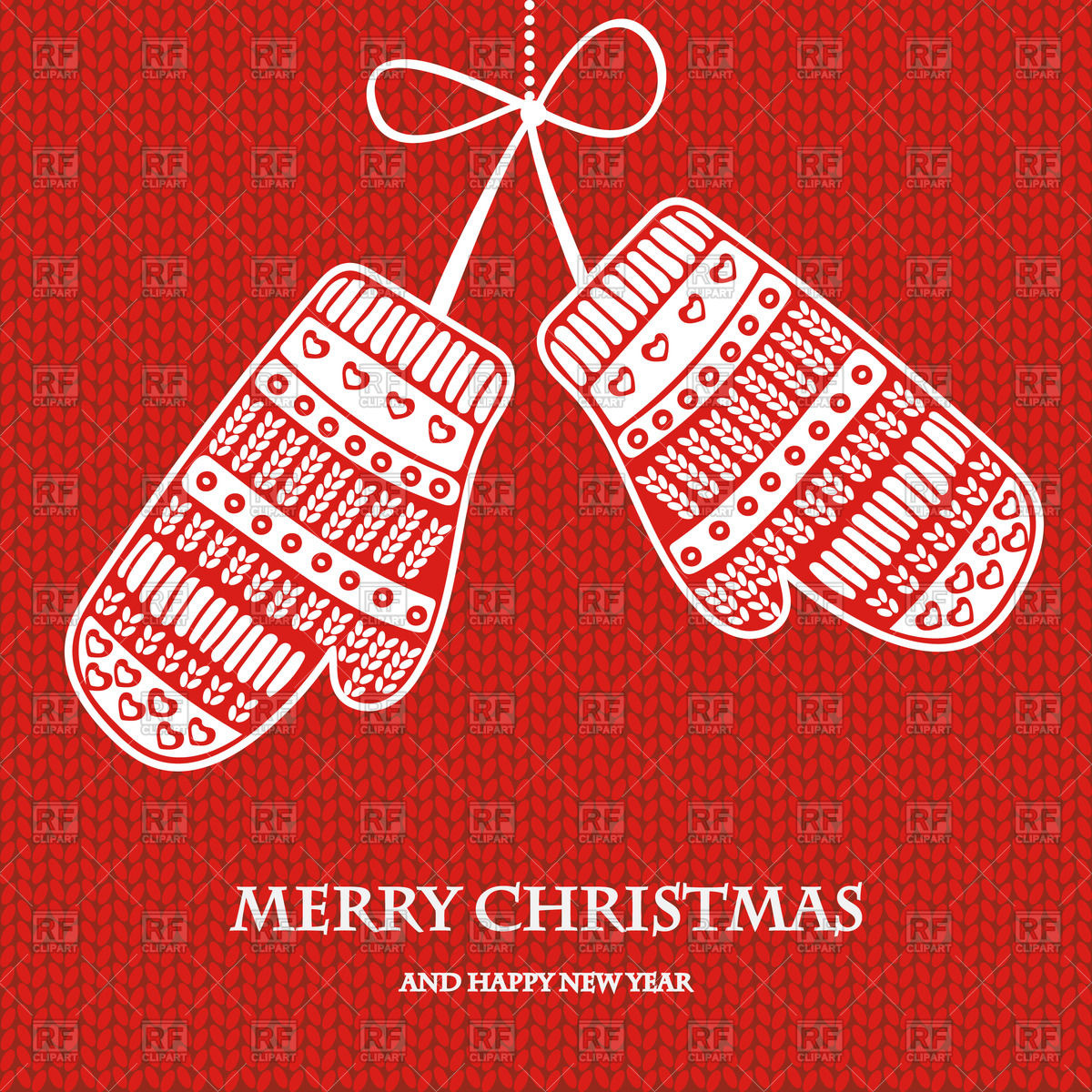 Christmas Card Wiht Mittens On Red Knitted Background Backgrounds