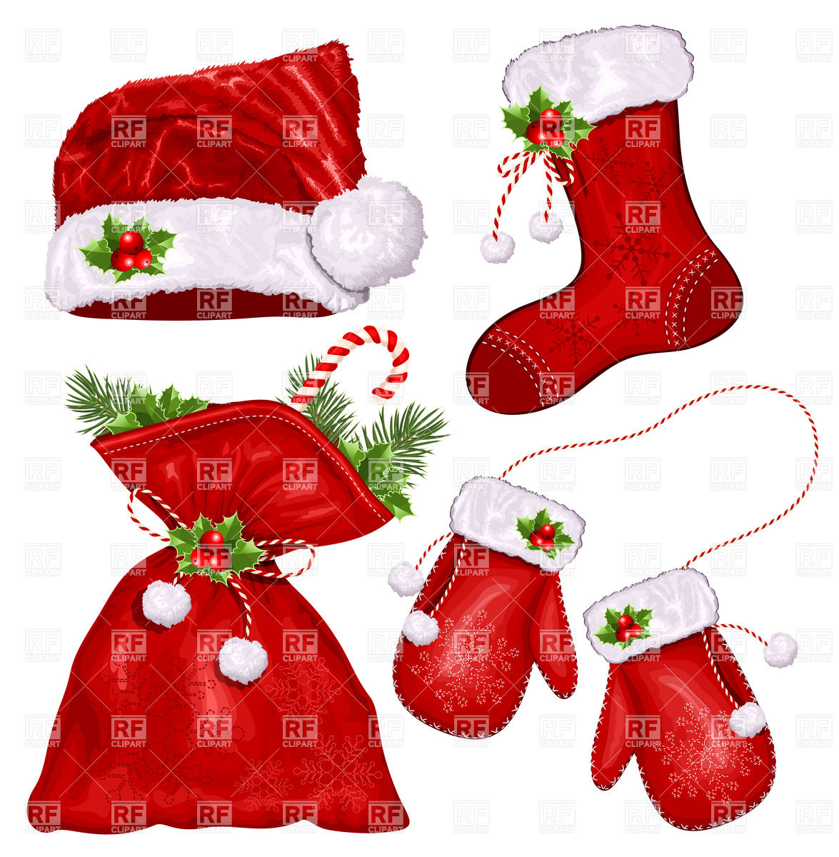 Christmas Symbols   Santa S Hat Mittens Sack And Xmas Sock 5374