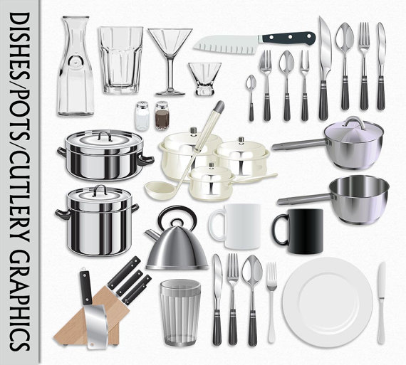 Kitchen Clipart Dishes   Cutlery   Pots Clip Art Graphic Scrapbook