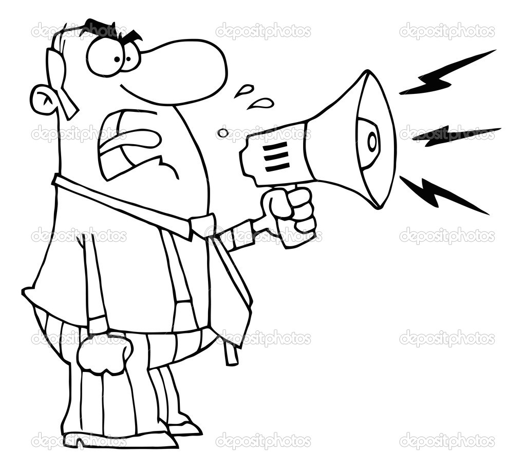 Outlined Angry Boss Man Screaming Into Megaphone   Stock Photo