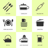 Set Of Black Cutlery And Dishes Icons  Royalty Free Stock Image