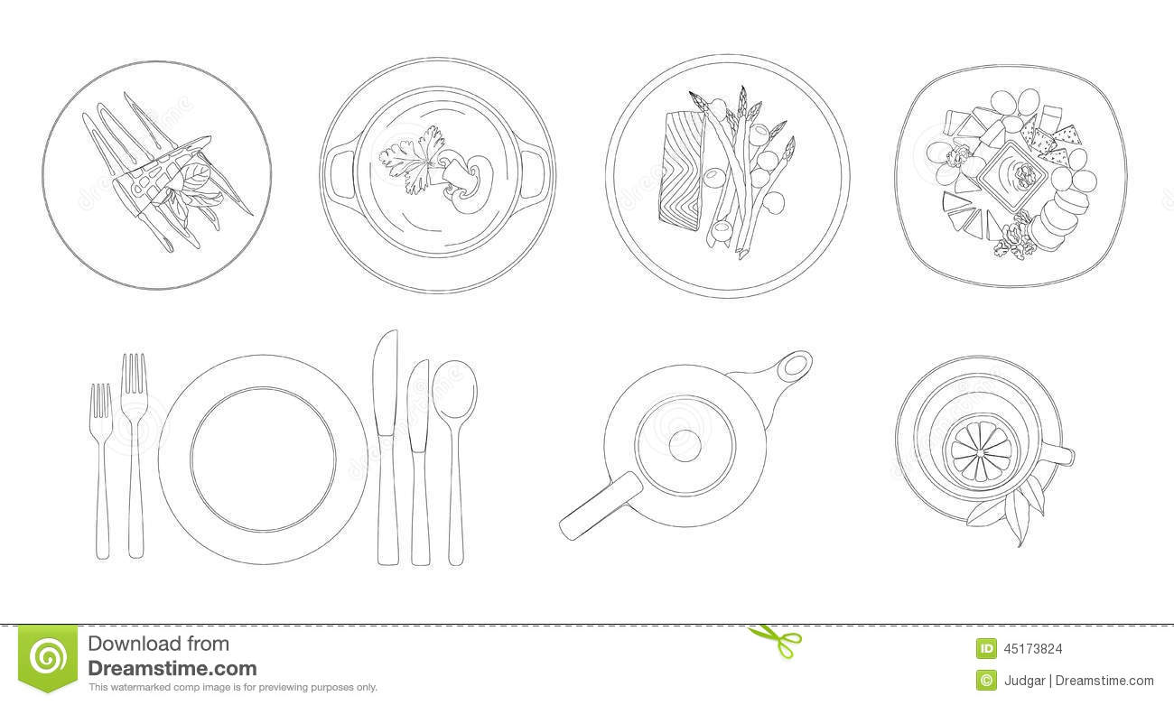 Silhouettes Of Dishes Cutlery And Crockery Top View  Contour Drawing