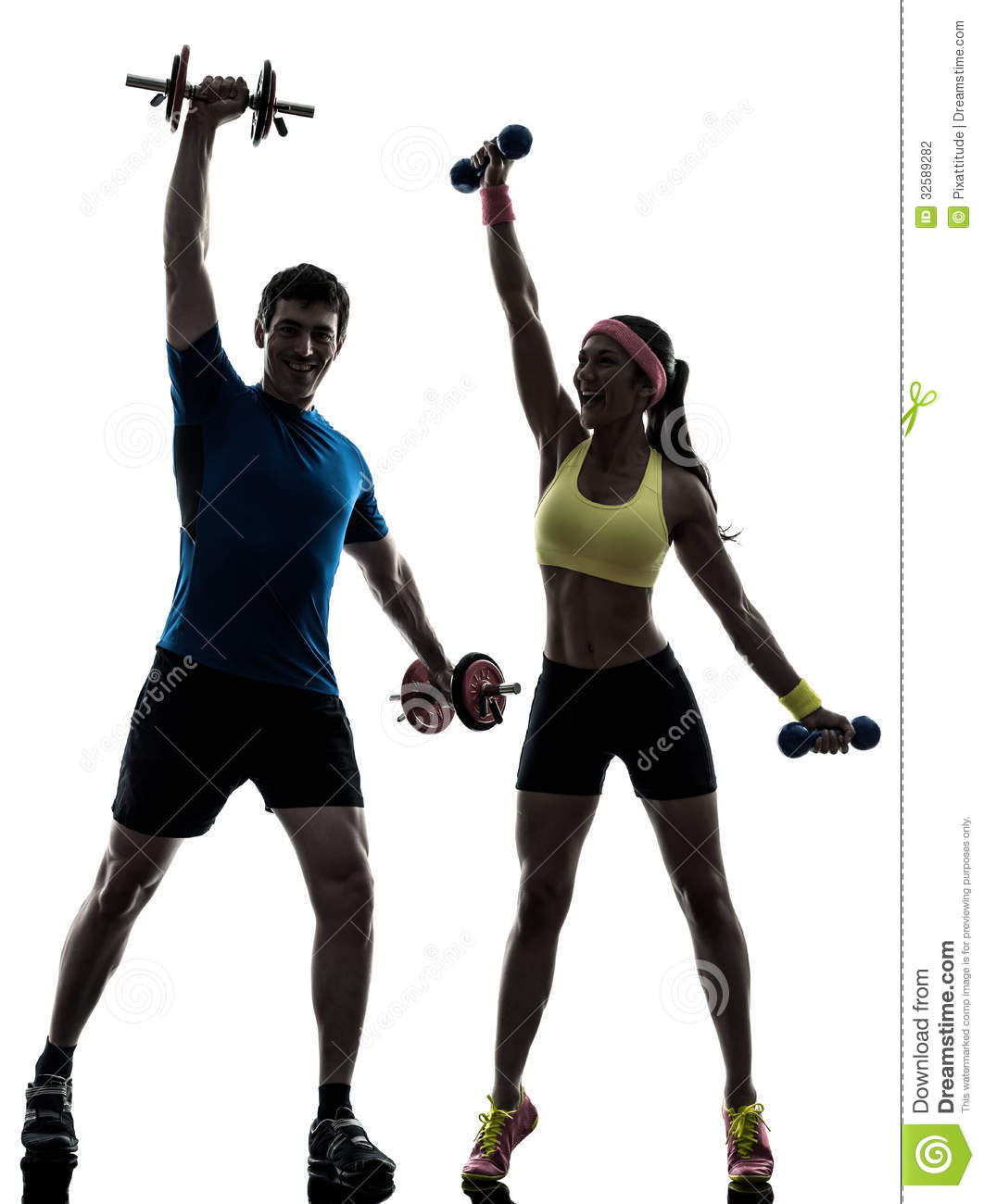 One Women Exercising Fitness Workout With Men Coach In Silhouette On