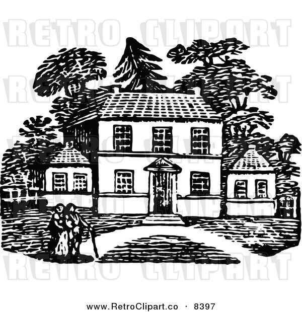 Clipart Of A Retro Black And White People Strolling Near Their Country