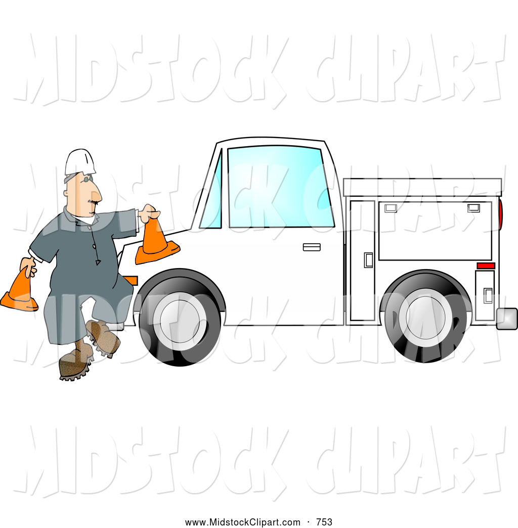 Of A White Worker Putting Out Cones Around His Utility Truck By Djart