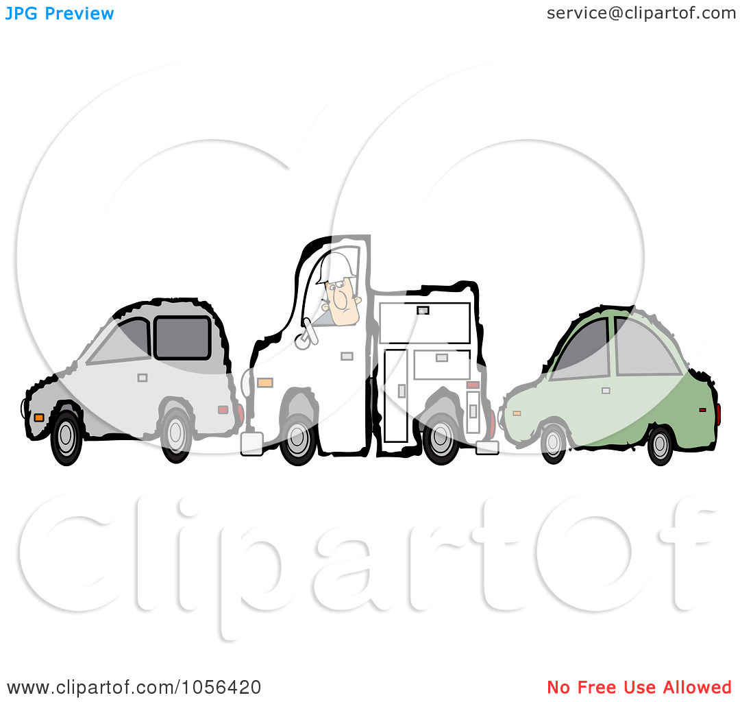 Of A Worker Man And His Utility Truck Stuck Between Two Cars By Djart
