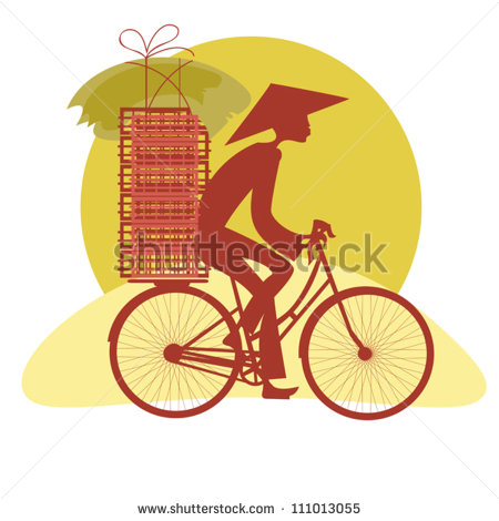 Silhouette Vietnamese Who Carry The Goods On His Bike   Stock Vector