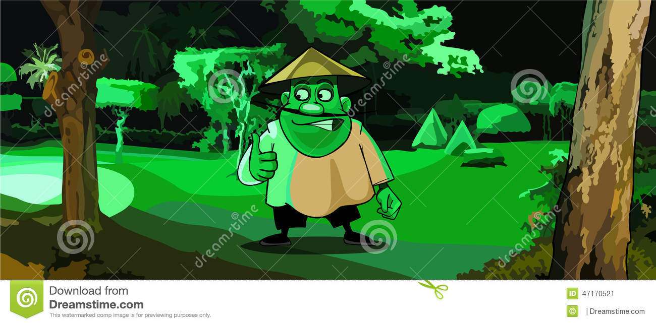 Stock Vector  Cartoon Man In The Vietnamese Hat In A Park In The Green