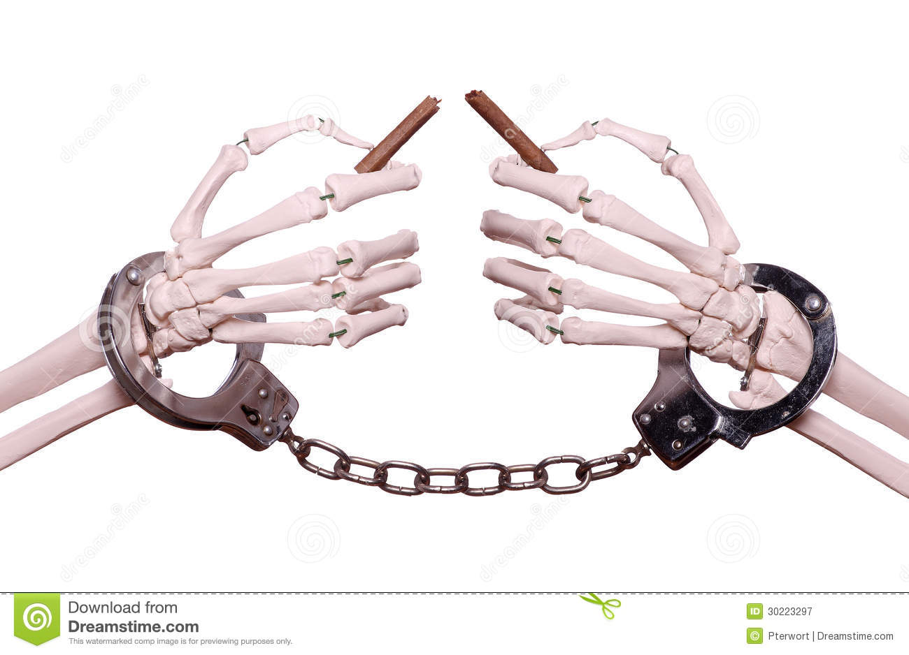 Skeleton Hands With Handcuff Holding Broken Cigar Royalty Free Stock