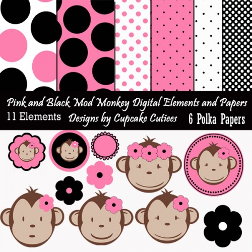 Girl Mod Monkey Pink N Black Commerical Use Clipart N Paper Pack